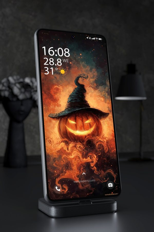 Phone Wallpaper 8418 - Fiery Halloween Pumpkin with Witch Hat