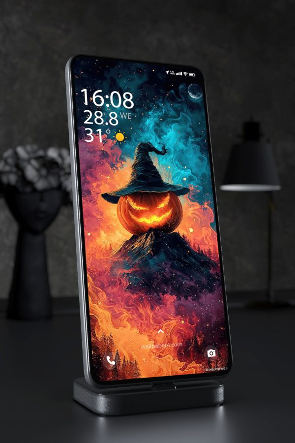 Mobile Wallpaper 8418 - Fiery Halloween Pumpkin with Witch Hat