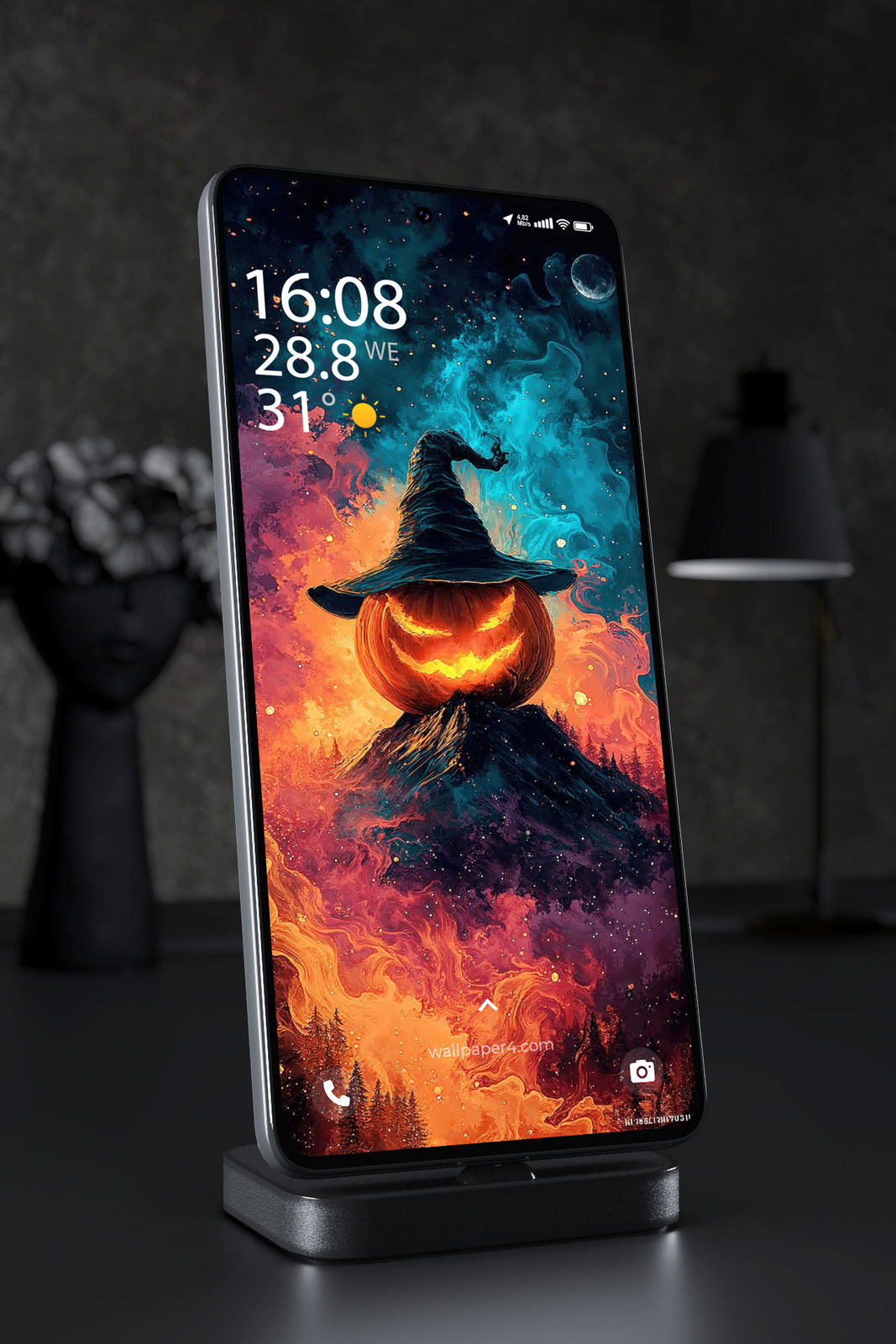 Mobile Wallpaper 8418 - Fiery Halloween Pumpkin with Witch Hat