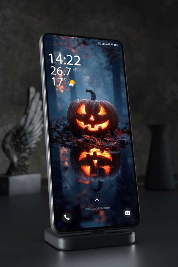 Mobile Wallpaper 8423 - Glowing Halloween Pumpkin in a Dark Misty Forest
