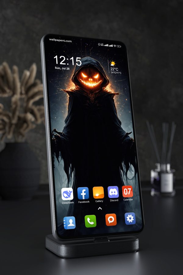 Phone Wallpaper 8426 - Dark Hooded Pumpkin Demon with Fiery Face