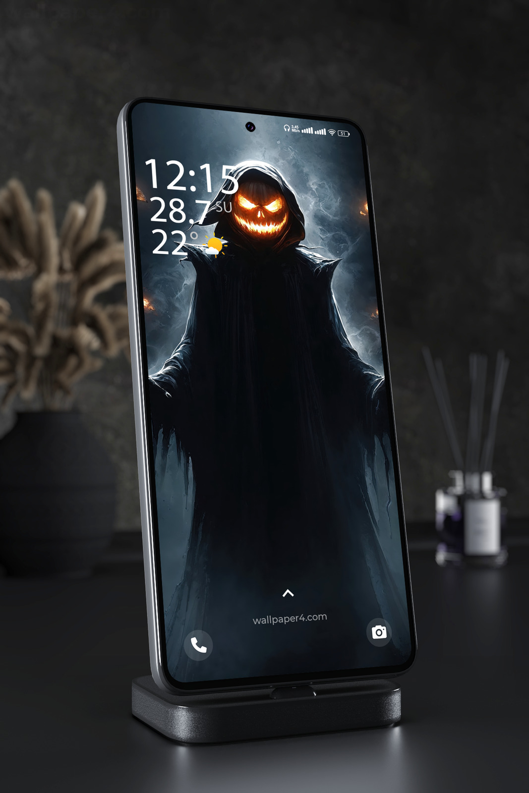 Mobile Wallpaper 8426 - Dark Hooded Pumpkin Demon with Fiery Face