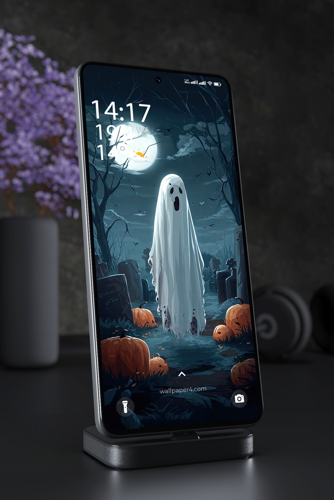 Phone Wallpaper 8434 - Cute Ghost in a Moonlit Halloween Forest
