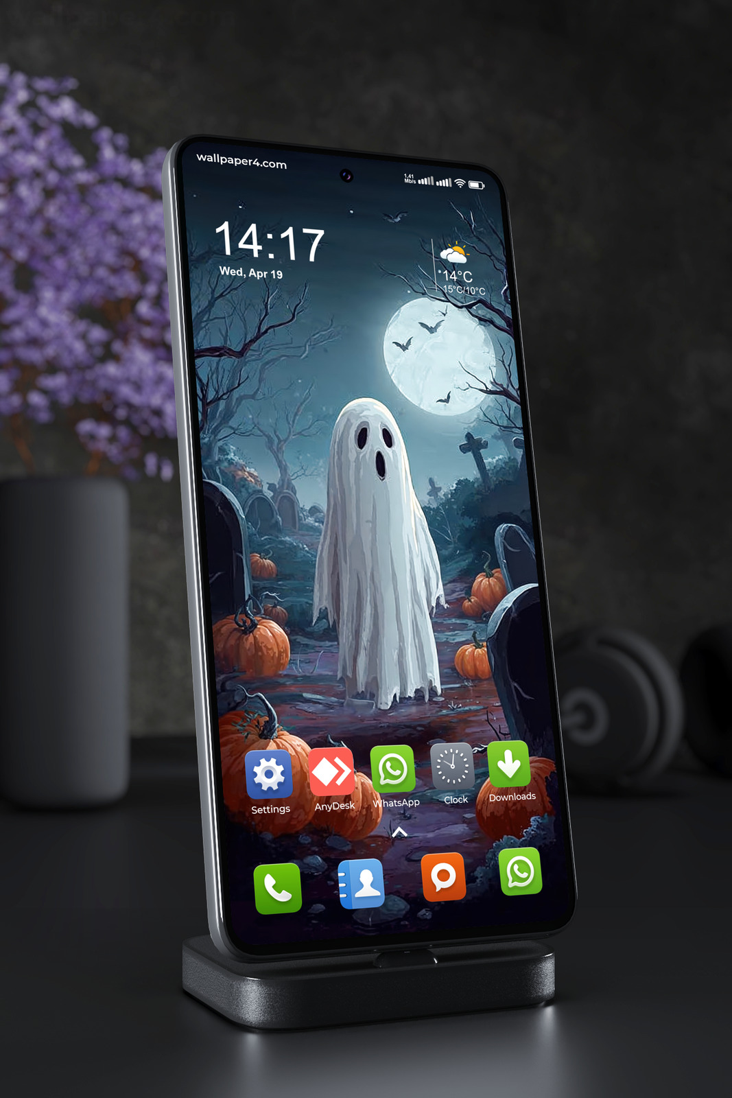 Mobile Wallpaper 8434 - Cute Ghost in a Moonlit Halloween Forest