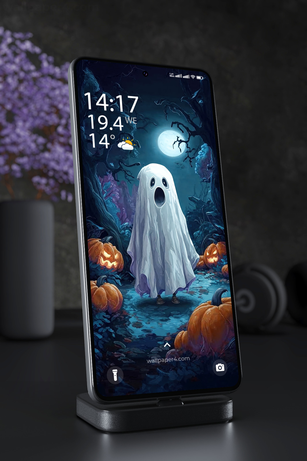Mobile Wallpaper 8434 - Cute Ghost in a Moonlit Halloween Forest