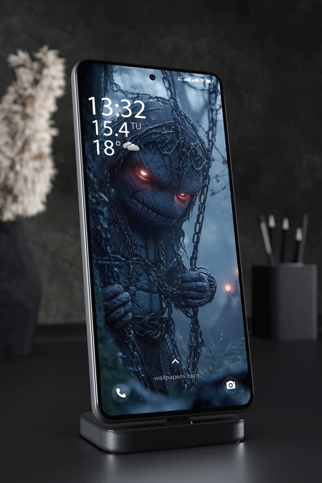 Phone Wallpaper 8442 - Chained Horror Doll with Glowing Red Eyes