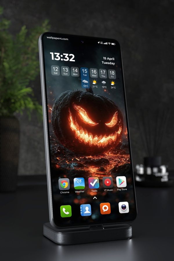 Phone Wallpaper 8445 - Fiery Evil Pumpkin in Dark Halloween Night