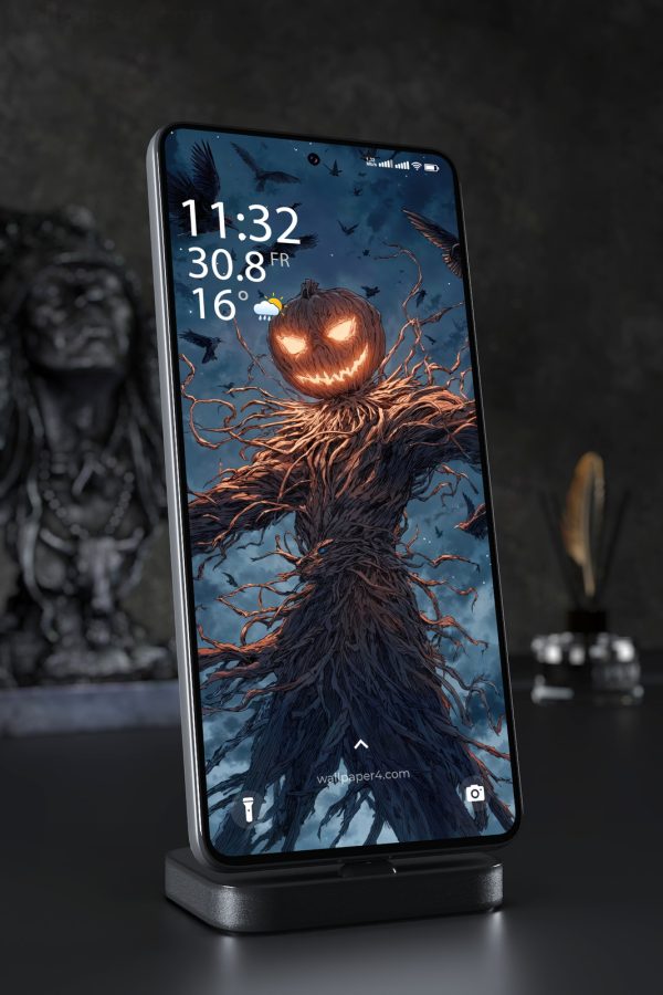 Phone Wallpaper 8451 - Dark Pumpkin Scarecrow with Ravens at Night