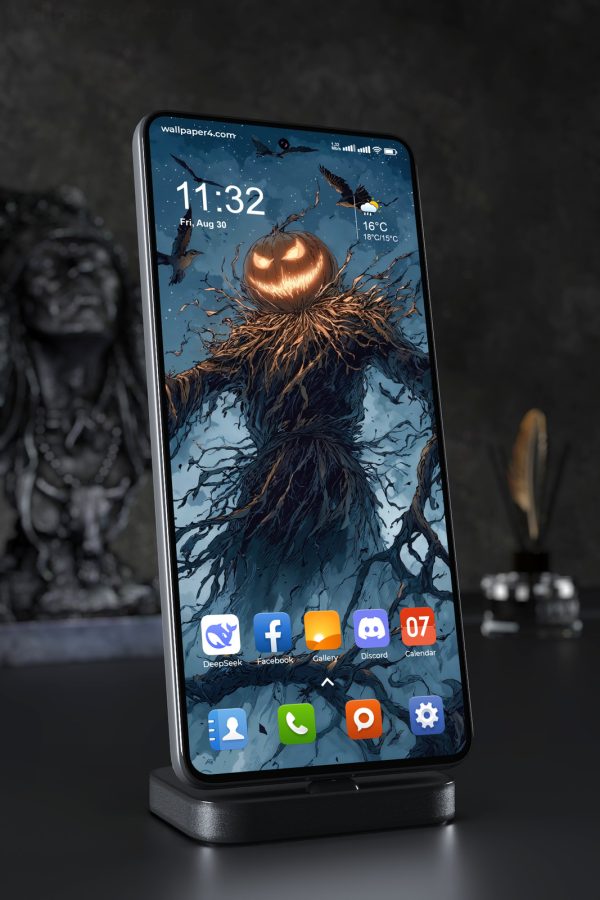 Mobile Wallpaper 8451 - Dark Pumpkin Scarecrow with Ravens at Night