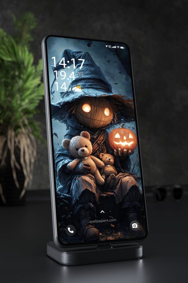 Phone Wallpaper 8454 - Dark Halloween Scarecrow with Glowing Pumpkin