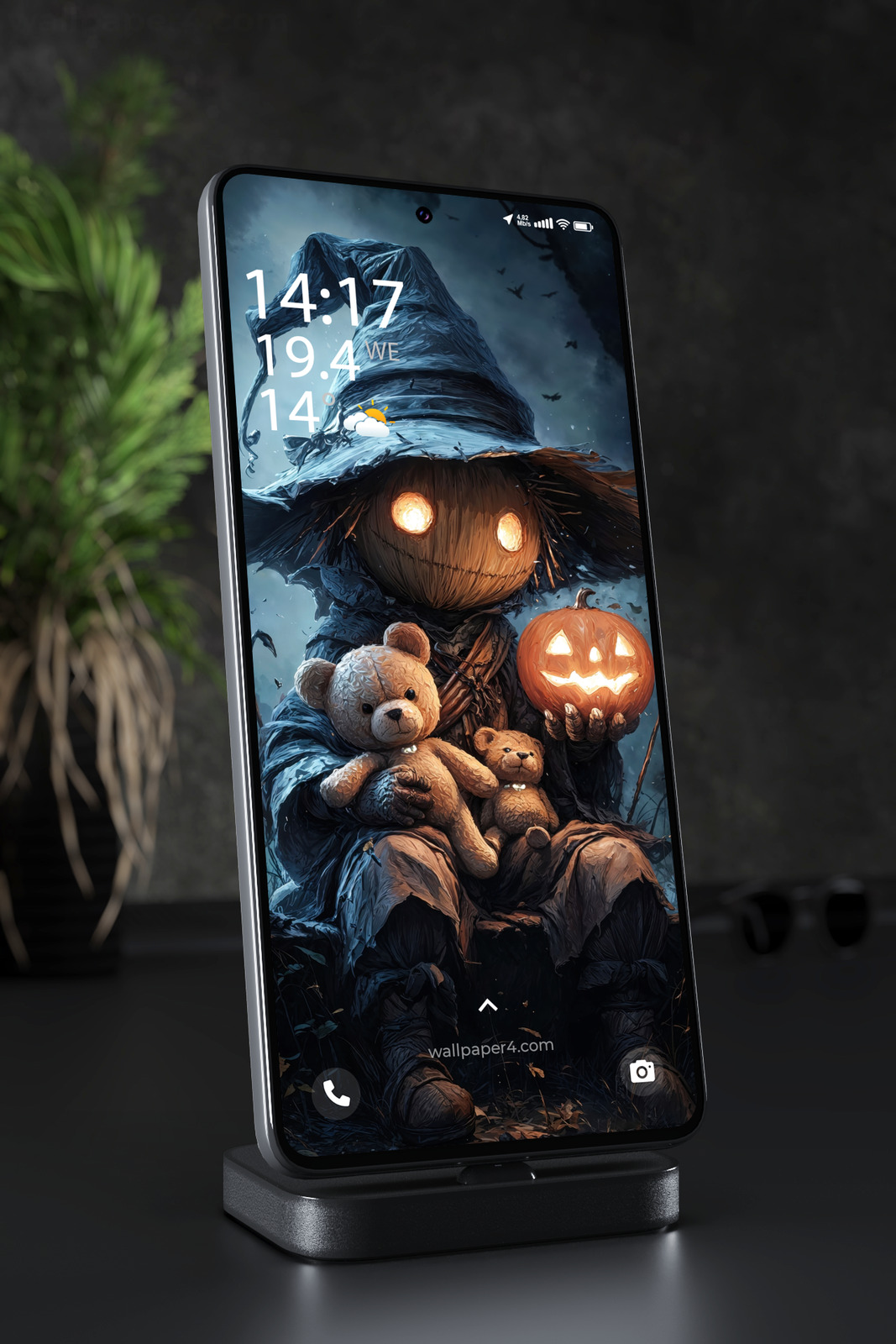 Phone Wallpaper 8454 - Dark Halloween Scarecrow with Glowing Pumpkin
