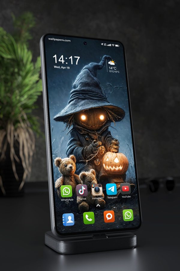 Mobile Wallpaper 8454 - Dark Halloween Scarecrow with Glowing Pumpkin