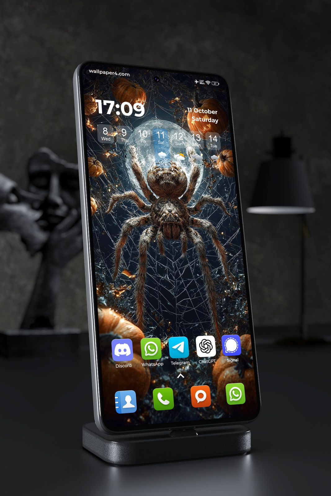 Phone Wallpaper 8458 - Halloween Spider Under a Haunting Full Moon