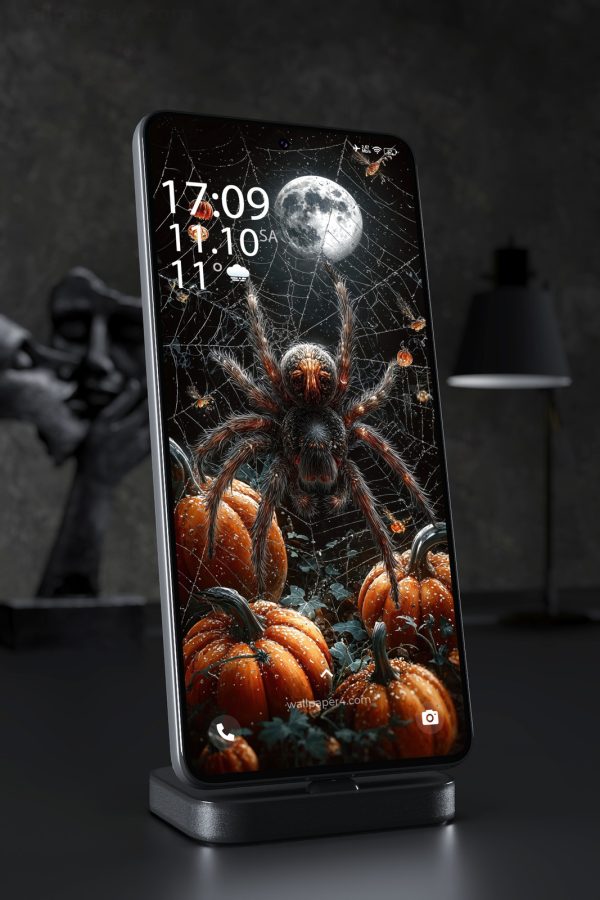 Mobile Wallpaper 8458 - Halloween Spider Under a Haunting Full Moon