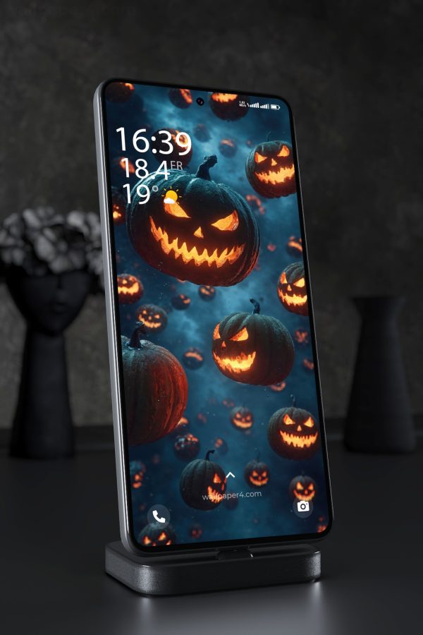Phone Wallpaper 8462 - Dark Halloween Pumpkins with Fiery Jack O Lanterns
