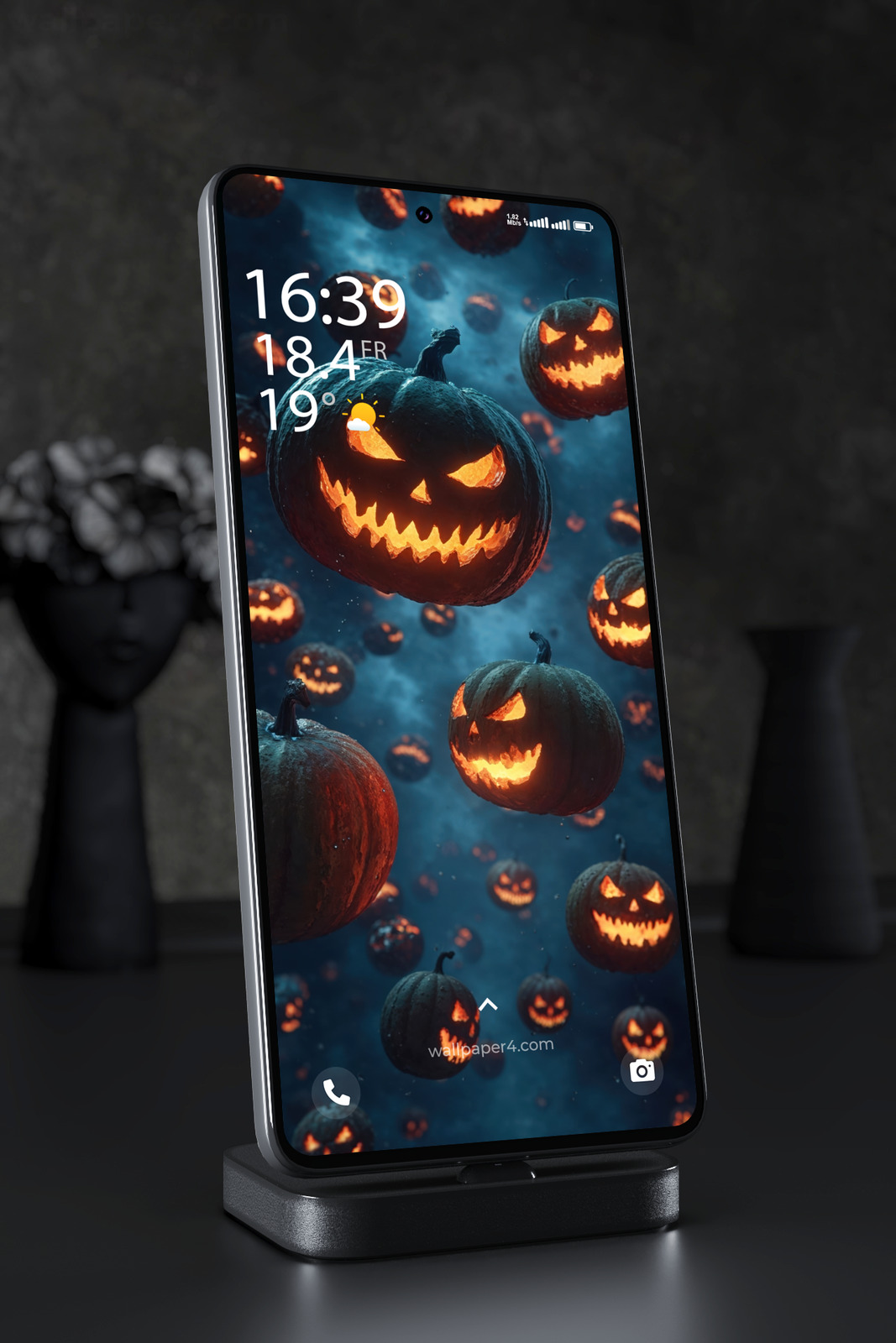 Phone Wallpaper 8462 - Dark Halloween Pumpkins with Fiery Jack O Lanterns