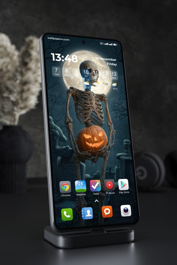 Phone Wallpaper 8473 - Halloween Skeleton with Glowing Pumpkin Moon