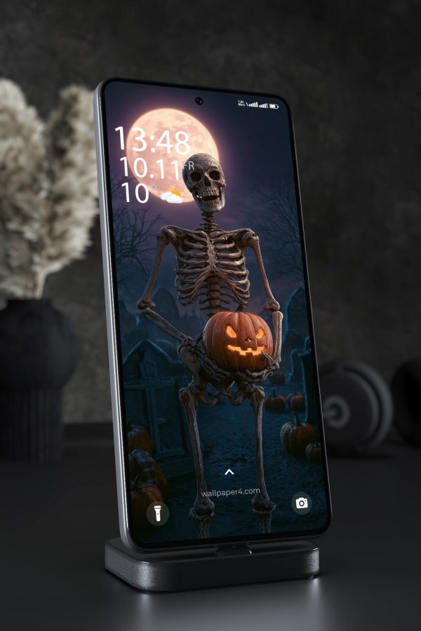 Mobile Wallpaper 8473 - Halloween Skeleton with Glowing Pumpkin Moon