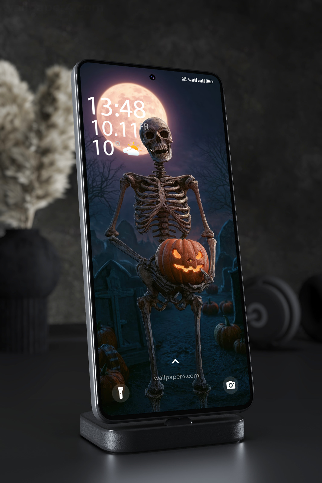 Mobile Wallpaper 8473 - Halloween Skeleton with Glowing Pumpkin Moon