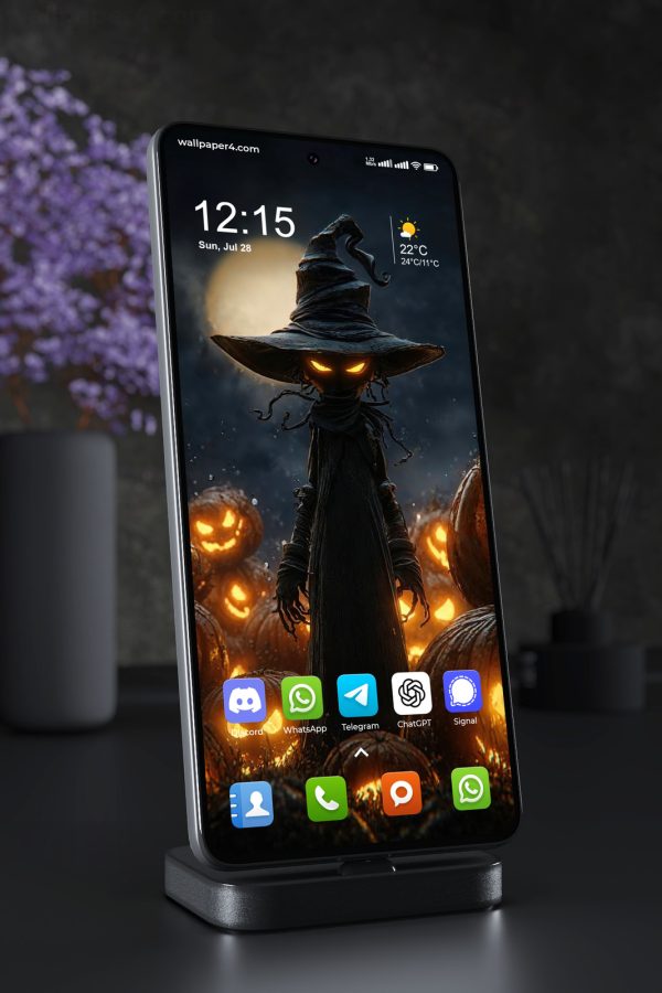 Phone Wallpaper 8477 - Dark Halloween Witch Among Glowing Pumpkins