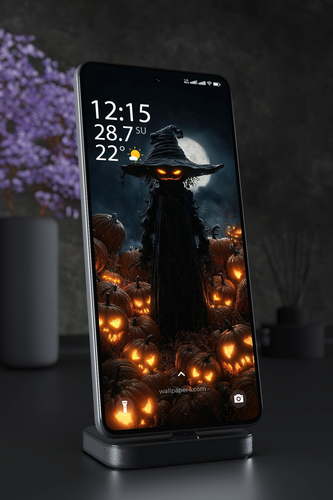 Mobile Wallpaper 8477 - Dark Halloween Witch Among Glowing Pumpkins
