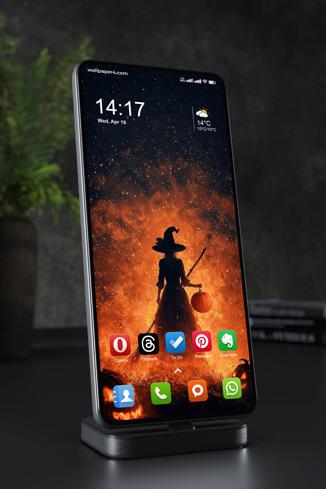 Phone Wallpaper 8488 - Fiery Halloween Witch and Glowing Pumpkin