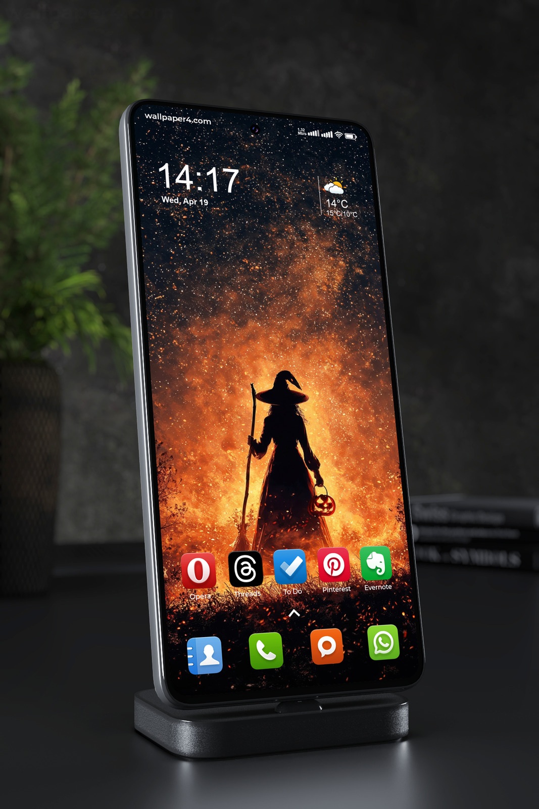 Mobile Wallpaper 8488 - Fiery Halloween Witch and Glowing Pumpkin