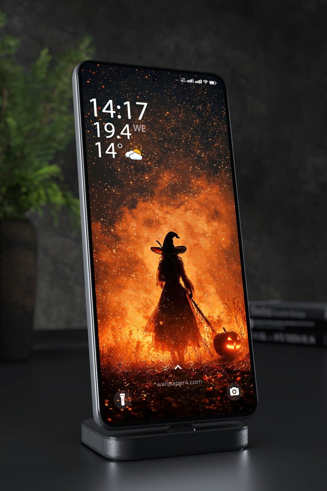 Mobile Wallpaper 8488 - Fiery Halloween Witch and Glowing Pumpkin