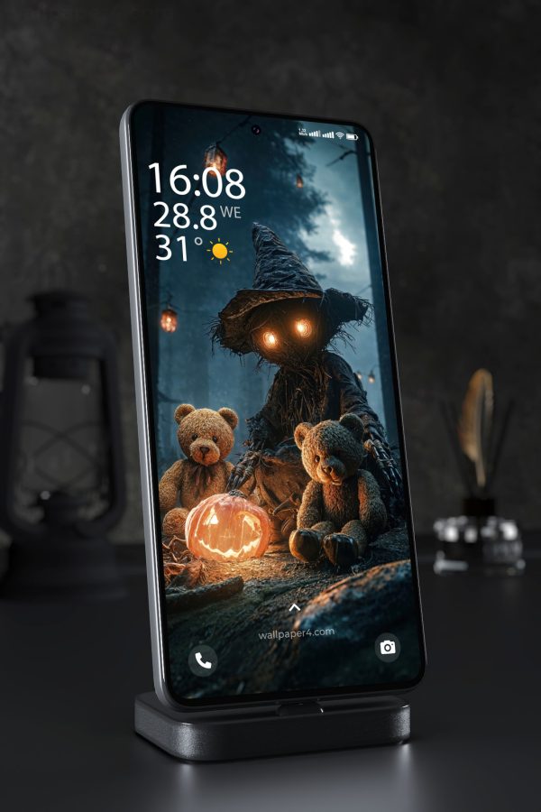 Phone Wallpaper 8493 - Dark Halloween Scarecrow and Teddy Bears