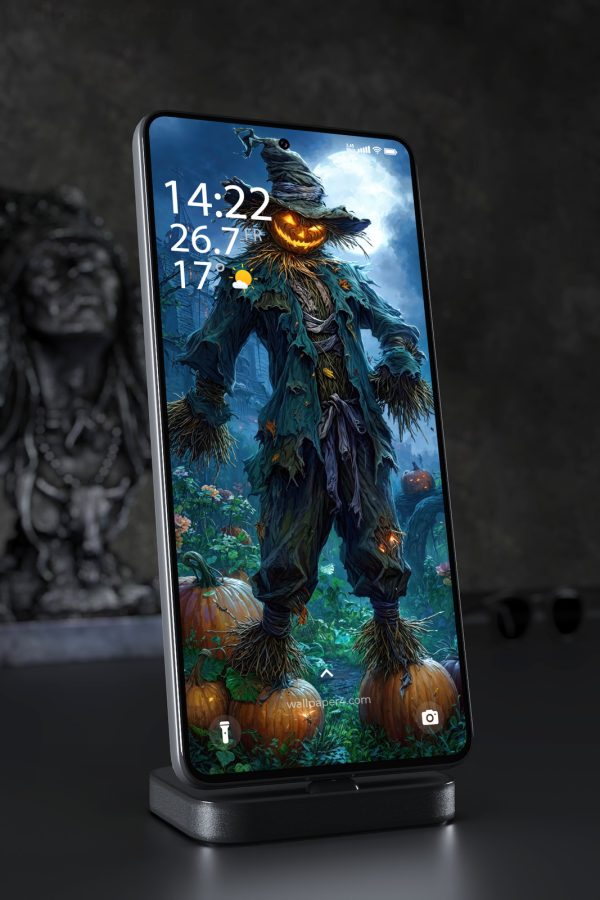 Phone Wallpaper 8497 - Haunted Pumpkin Scarecrow Under the Full Moon