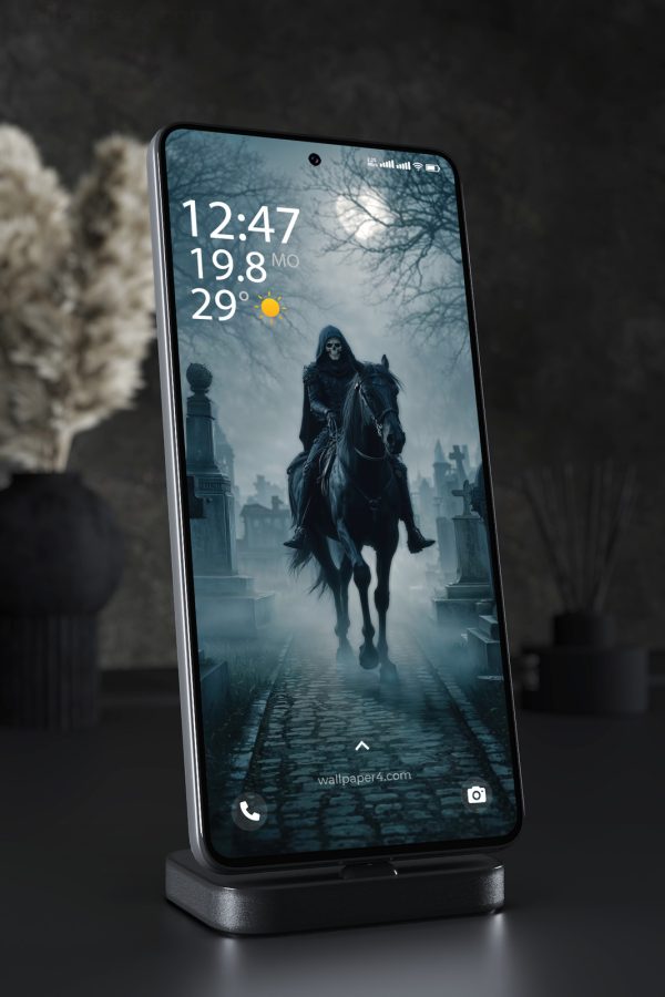 Phone Wallpaper 8518 - Grim Reaper Horseman in a Foggy Graveyard