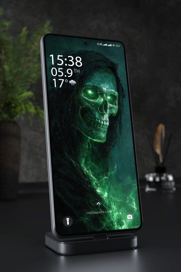 Phone Wallpaper 8525 - Green Grim Reaper Skull in a Dark Hood