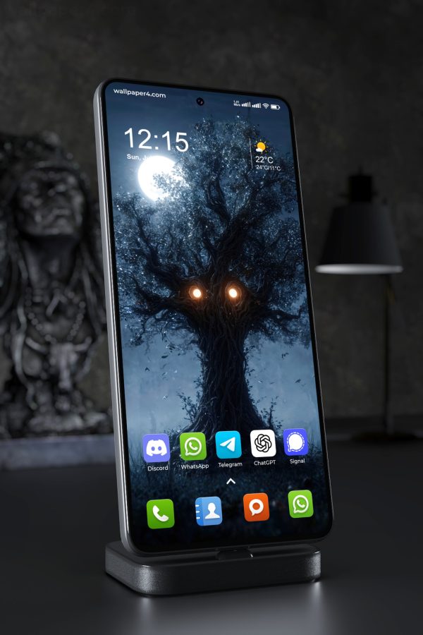 Phone Wallpaper 8530 - Mystical Moonlit Tree with Glowing Eyes