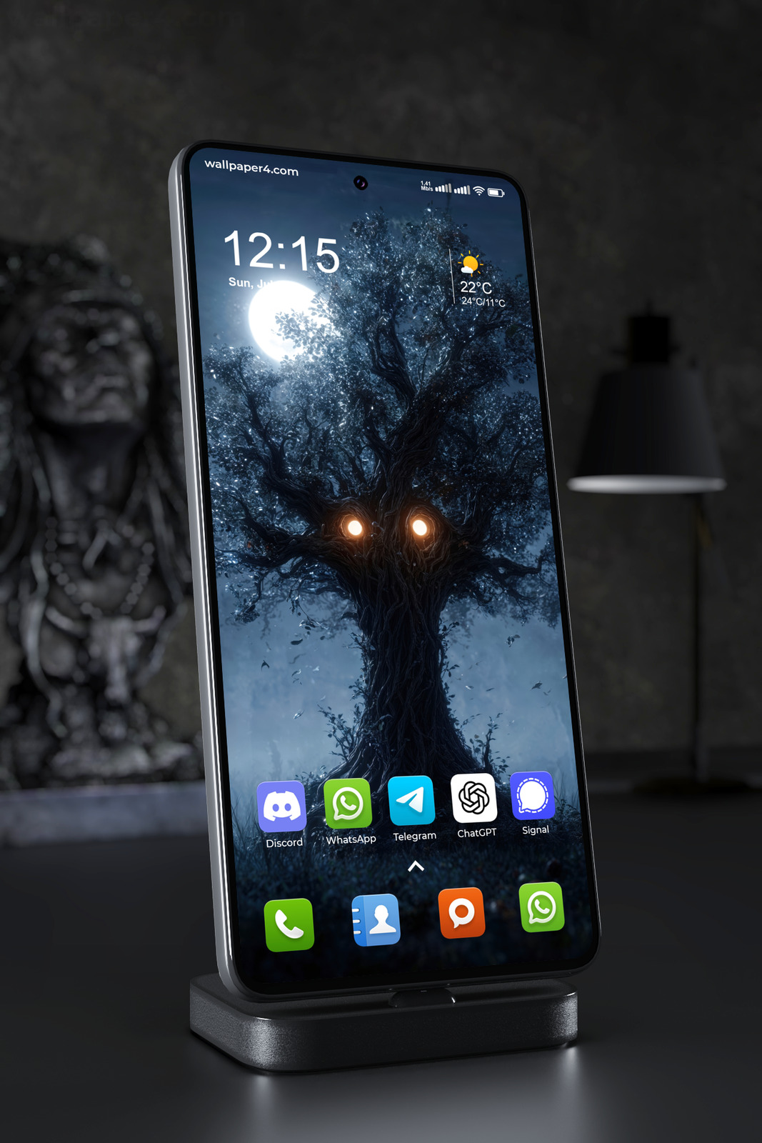 Phone Wallpaper 8530 - Mystical Moonlit Tree with Glowing Eyes