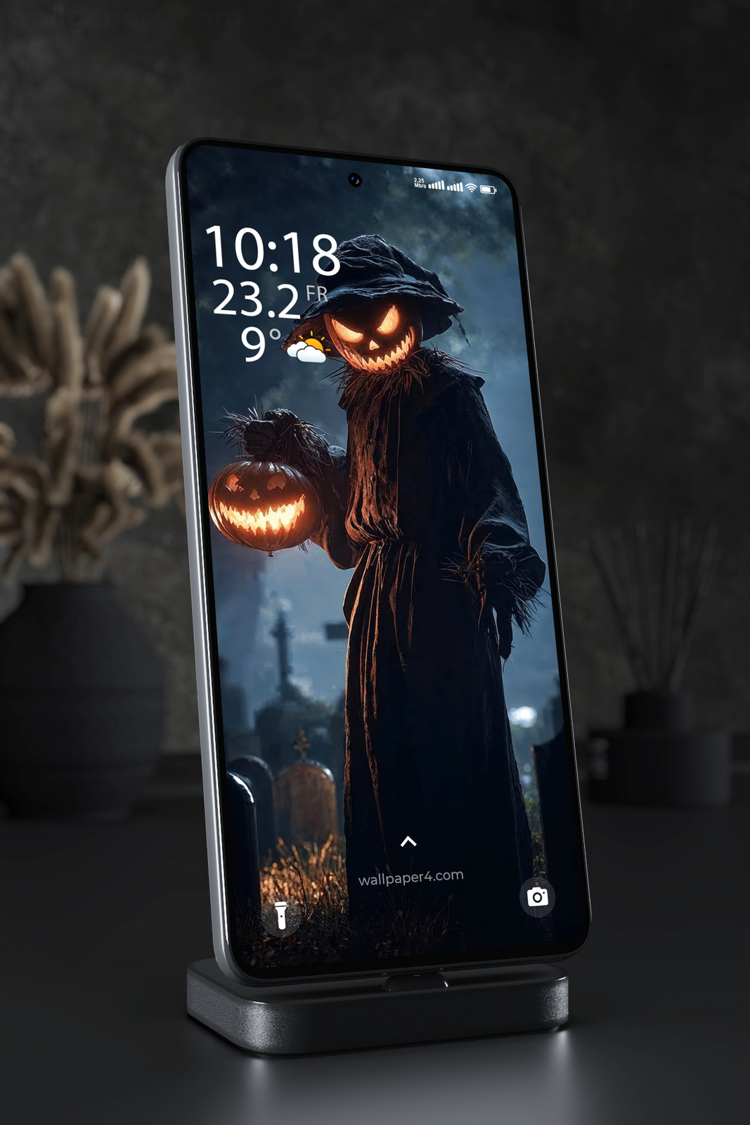Mobile Wallpaper 8546 - Dark Halloween Scarecrow with Glowing Pumpkin