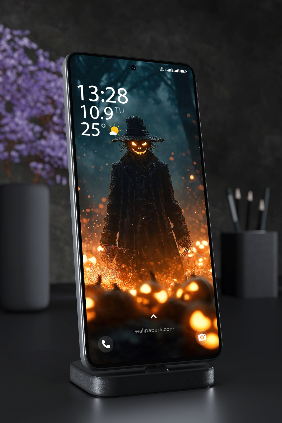 Mobile Wallpaper 8554 - Sinister Halloween Scarecrow in a Fiery Forest