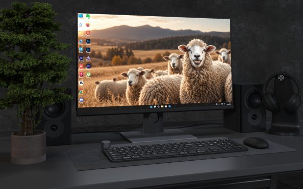 Laptop Wallpaper 8842 - Smiling Sheep in a Golden Mountain Pasture