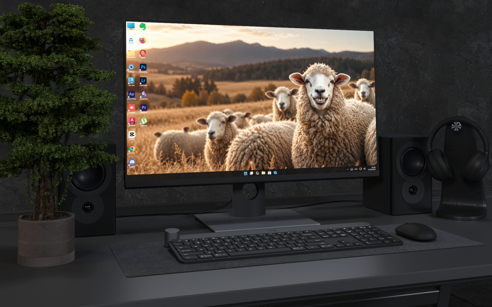 Laptop Wallpaper 8842 - Smiling Sheep in a Golden Mountain Pasture