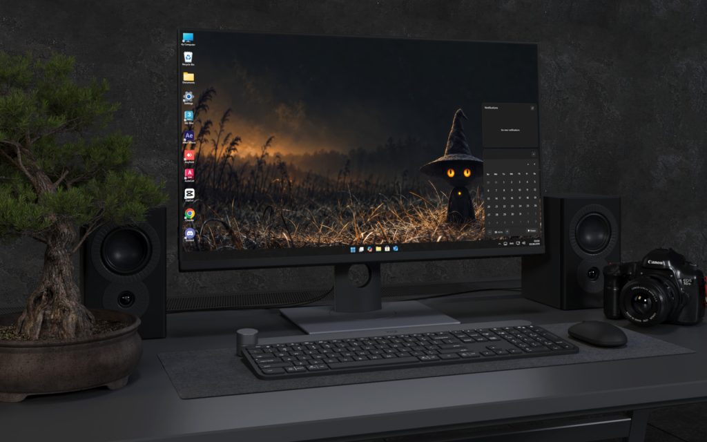 Laptop Wallpaper 8858 - Black Cat Beneath a Crescent Moon