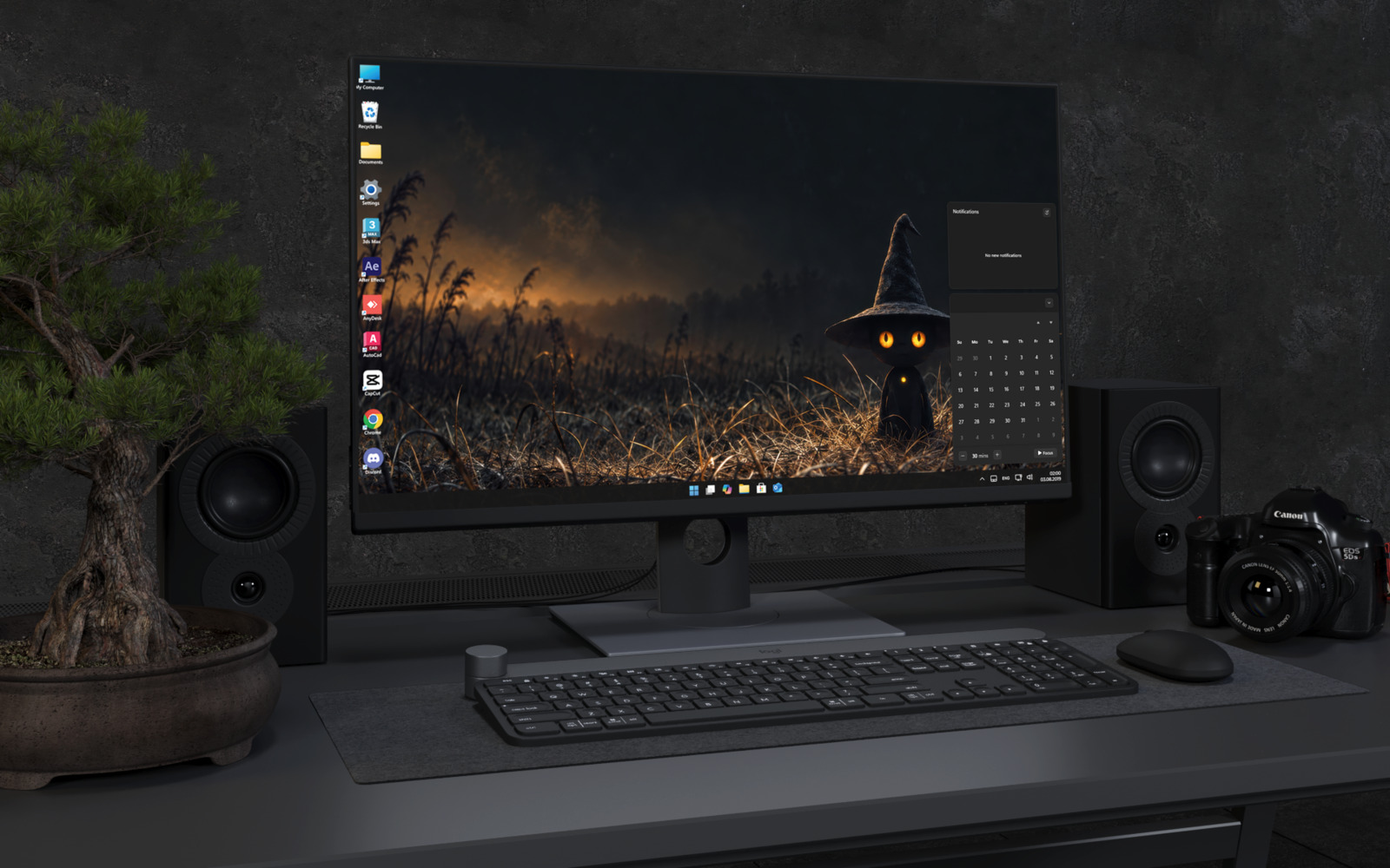 Laptop Wallpaper 8858 - Black Cat Beneath a Crescent Moon