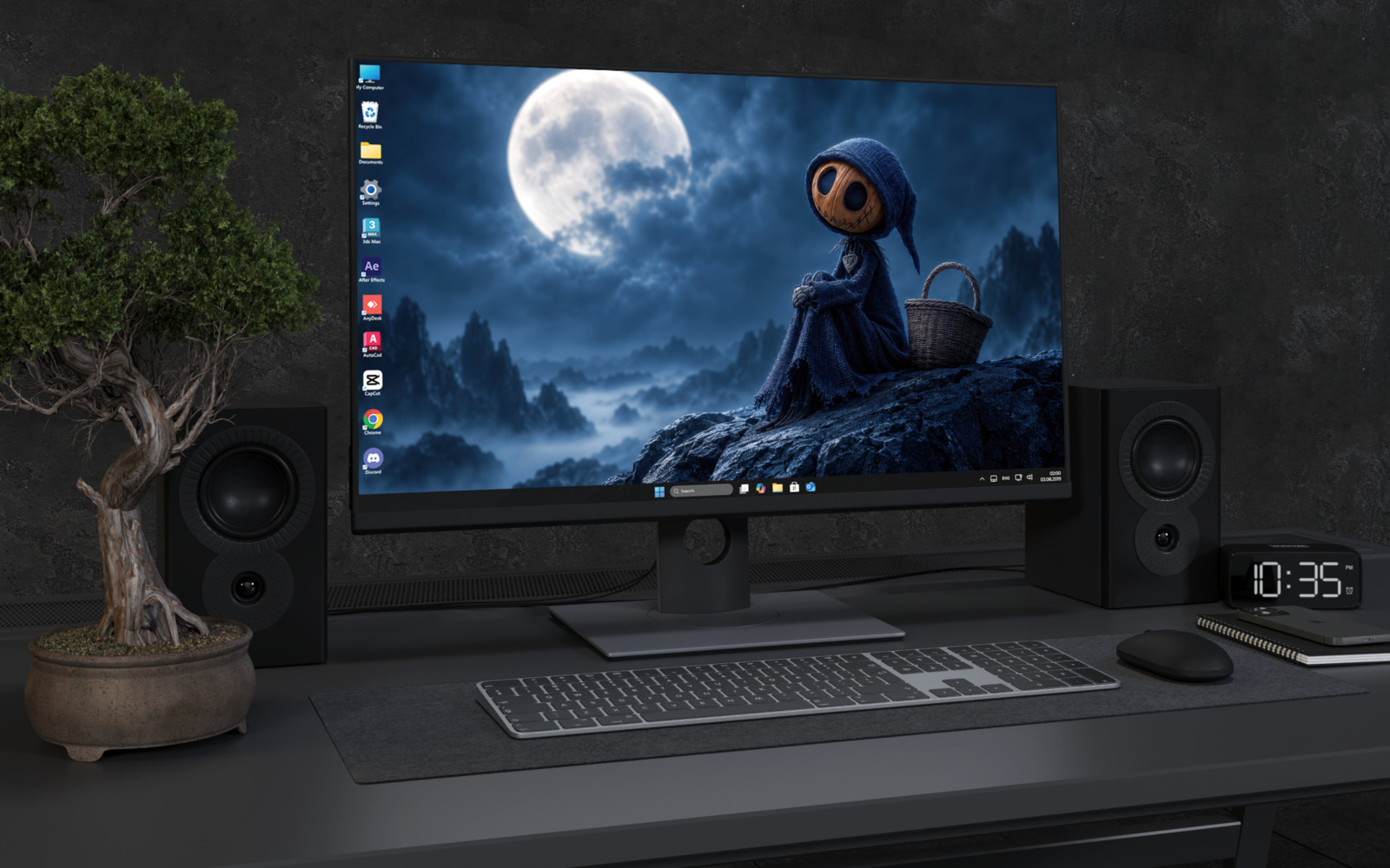 Desktop Wallpaper 8900 - Hooded Straw Figure Beneath a Full Moon