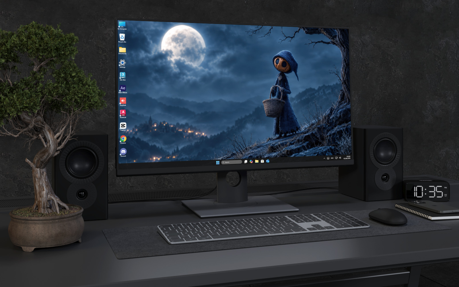 Laptop Wallpaper 8897 - Hooded Straw Figure Beneath a Full Moon