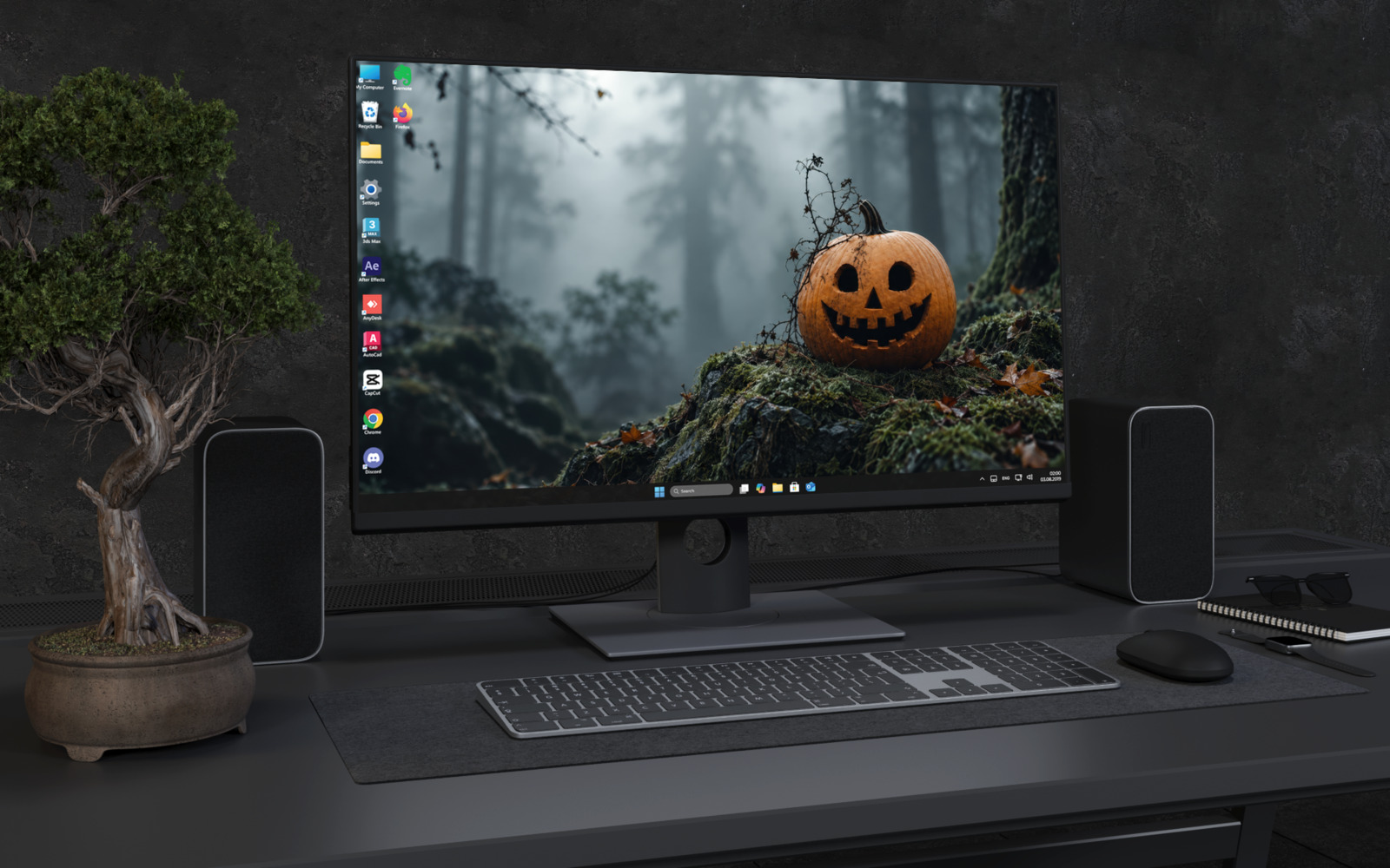 Laptop Wallpaper 9001 - Glowing Pumpkin in a Misty Moss-Covered Forest