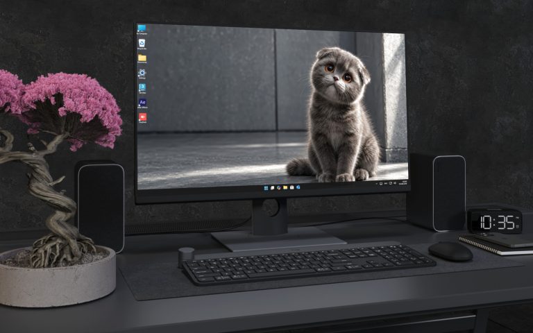 Desktop Wallpaper 9093 - Wide Gray Kitten Portrait in Window Light