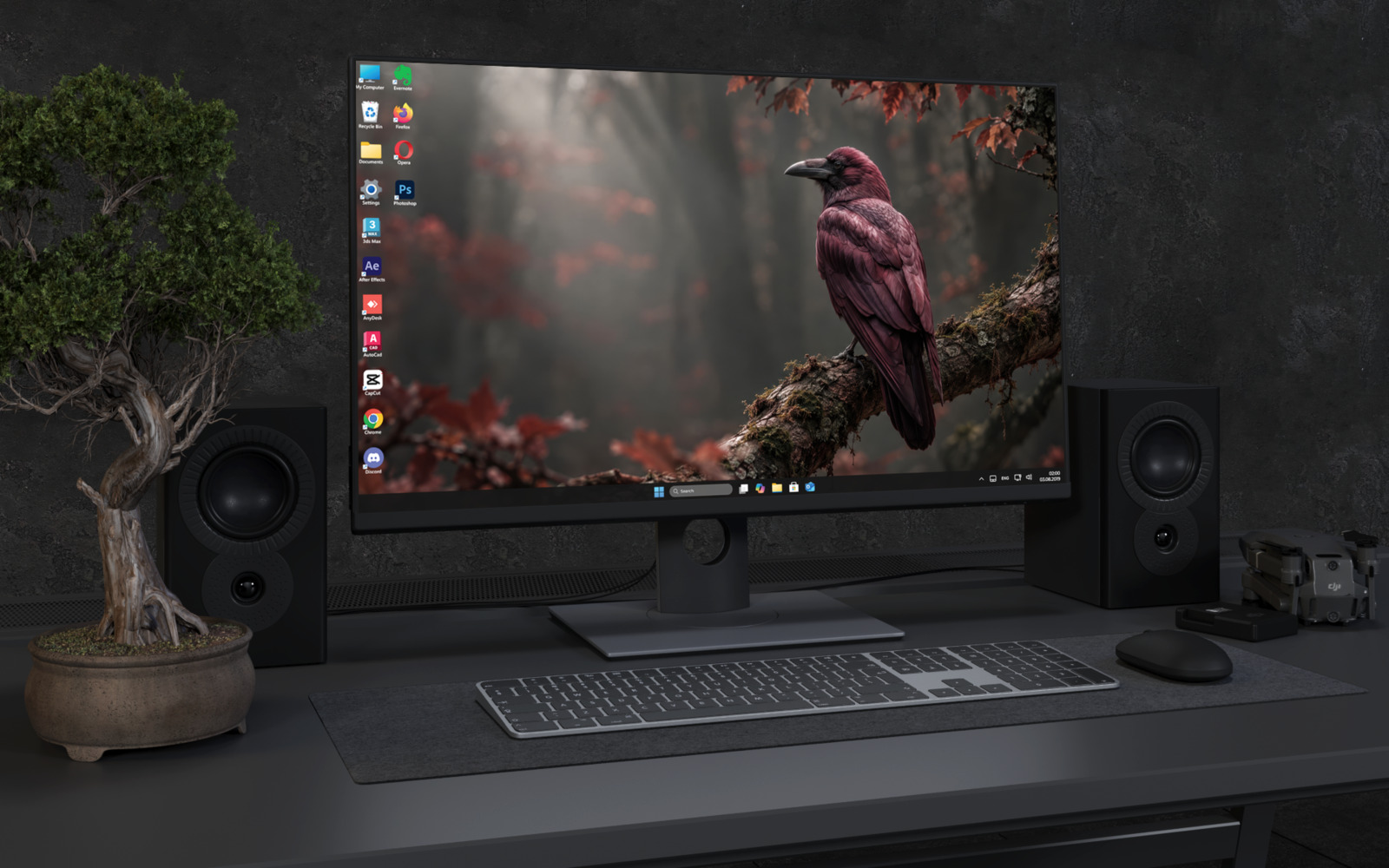Desktop Wallpaper 9138 - Raven Perched in a Shadowed Red Forest