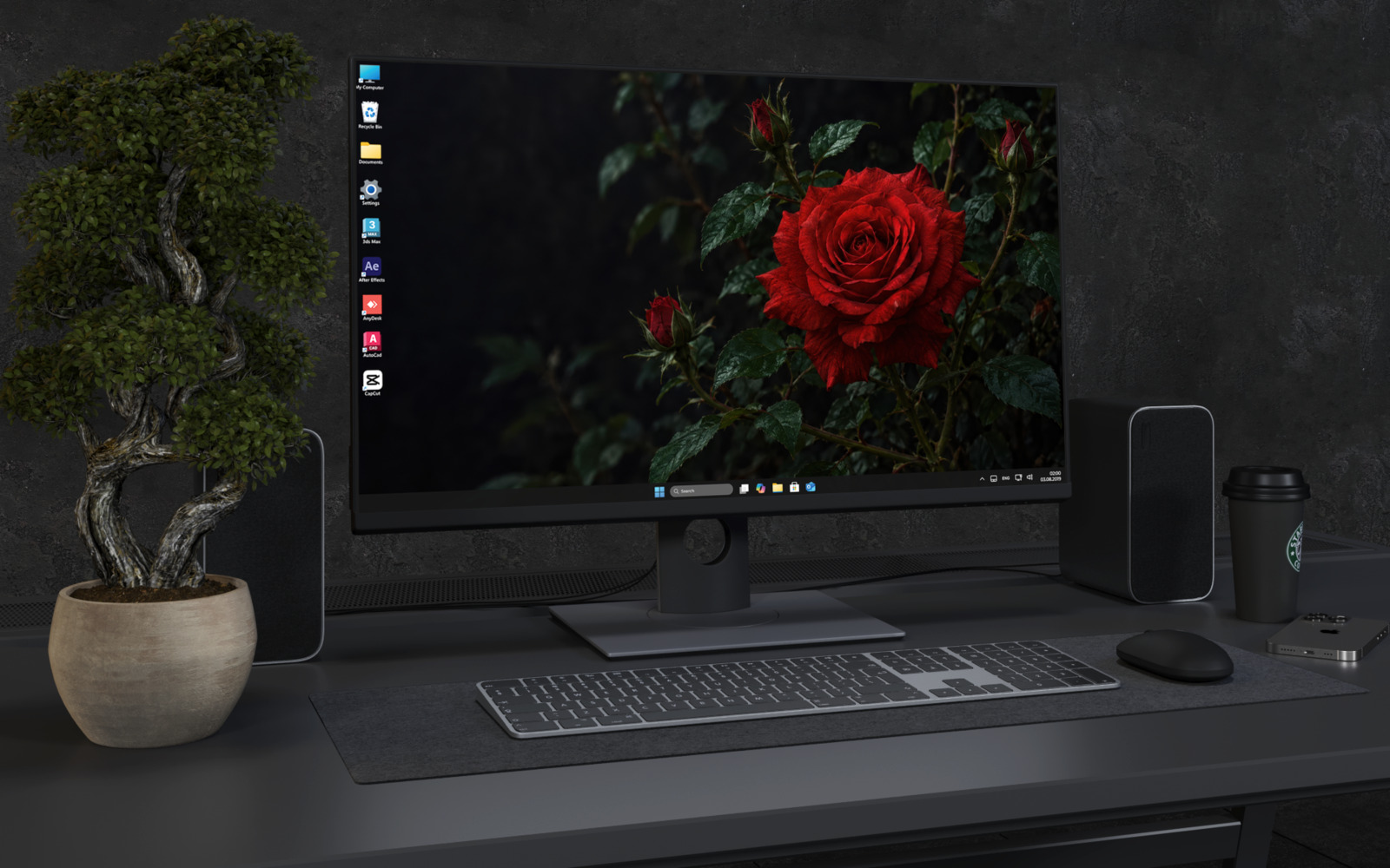 Desktop Wallpaper 9159 - Rain-Dark Rose Framed by Garden Shadows