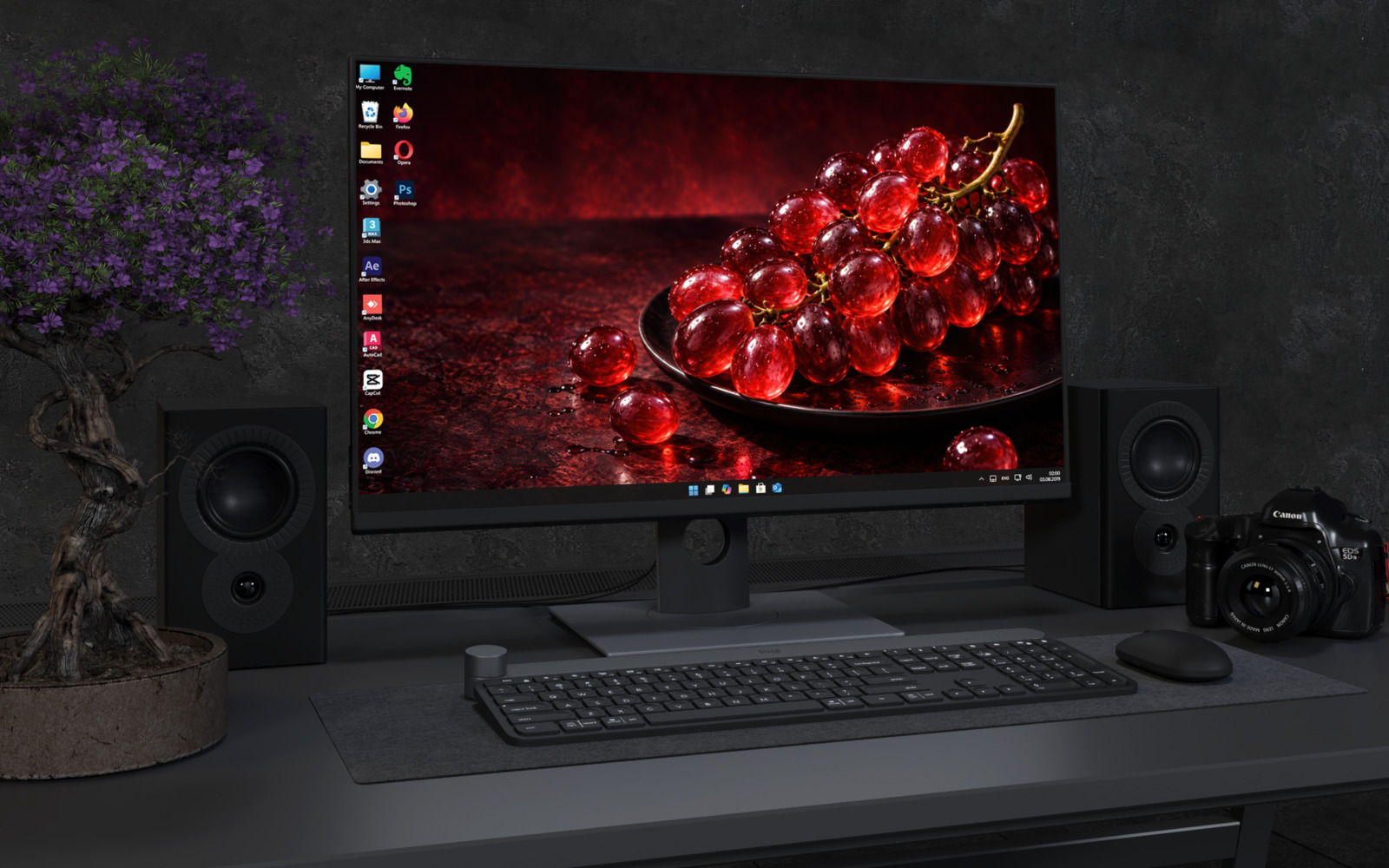 Desktop Wallpaper 9171 - Red Grapes Glowing Across a Dark Tabletop