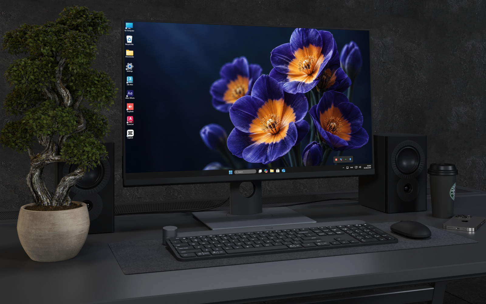 Desktop Wallpaper 9189 - Purple and Orange Blossoms Across a Dark Field