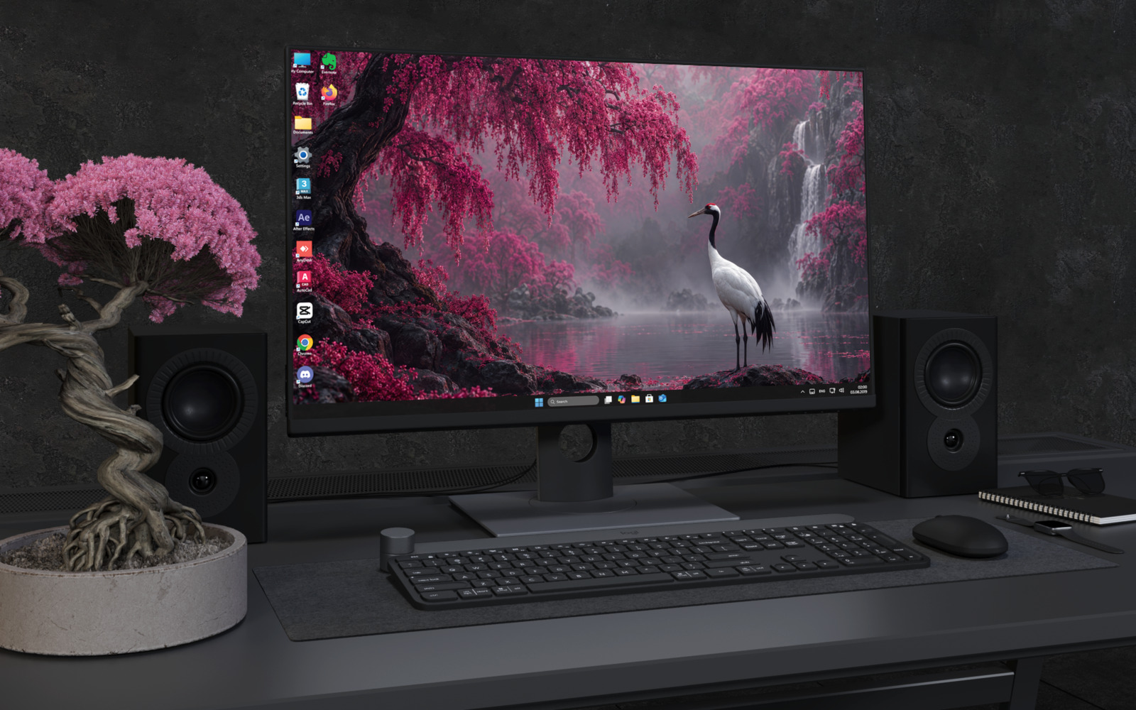 Desktop Wallpaper 9225 - Crane by a Misty Lake of Pink Blossom Trees