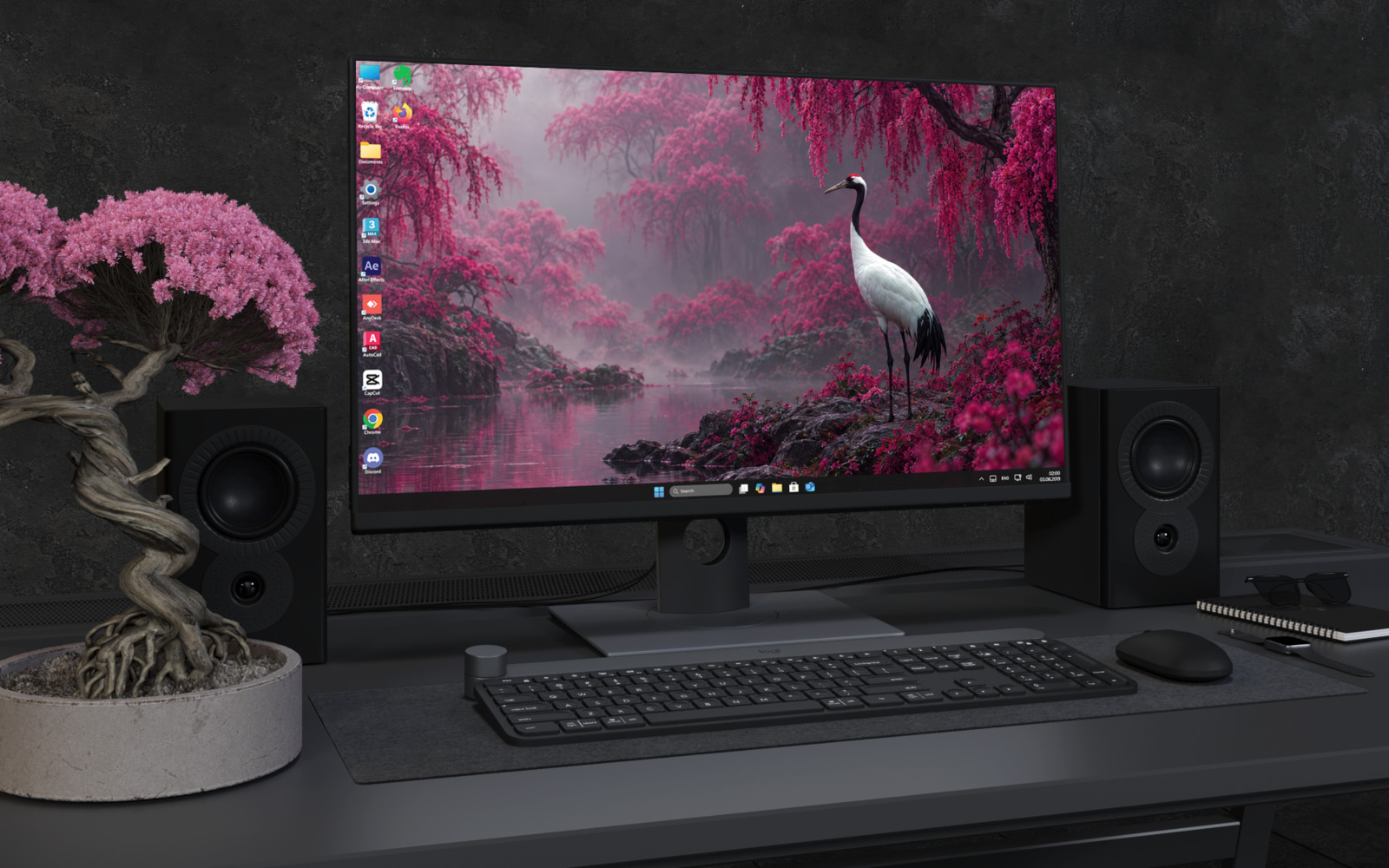 Laptop Wallpaper 9222 - Crane by a Misty Lake of Pink Blossom Trees